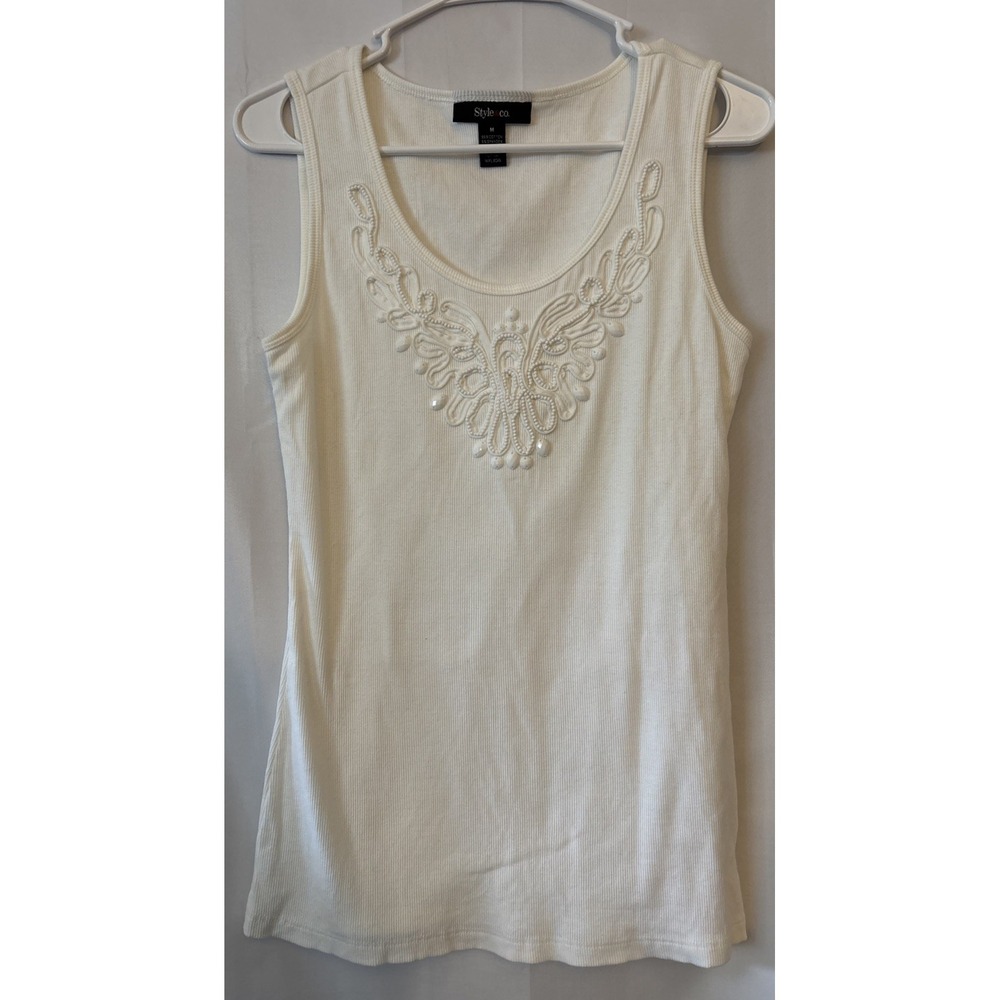 Style & Co Ribbed Embroidered Beaded Tank Top White M Y2K Indie Sleaze Boho